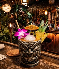 Fototapeta premium A tropical Mai Tai, bursting with color around a large, cloudy ice sphere, garnished with a vibrant orchid and a pineapple wedge, served in a tiki mug. The backdrop is a lush, dimly lit tiki bar