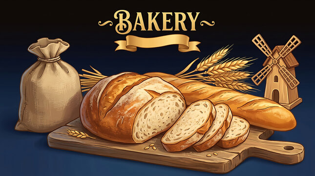 Vintage bakery illustration with bread loaf sliced baguette and wheat on board