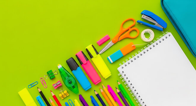 Flat lay composition of colorful school and office stationery arranged on a vibrant lime green background, for creative educational projects