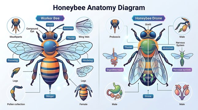Honeybee anatomy diagram showing internal and external body parts