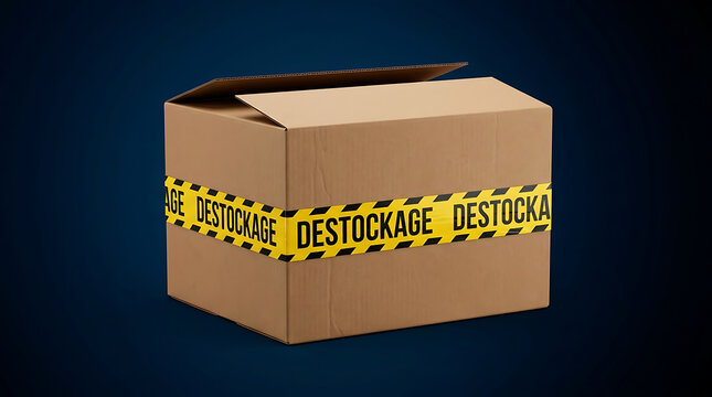 Cardboard shipping box wrapped in yellow and black caution tape for clearance sale destocking