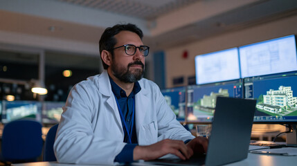 Obraz premium Focused Architect at Work: A dedicated architect, wearing a lab coat and glasses, meticulously works on a laptop in a dimly lit office.
