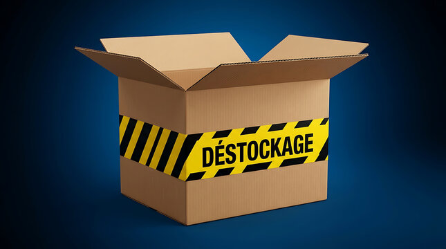 Cardboard Box Wrapped in Hazard Tape Featuring French Clearance Sale Destockage Label Concept