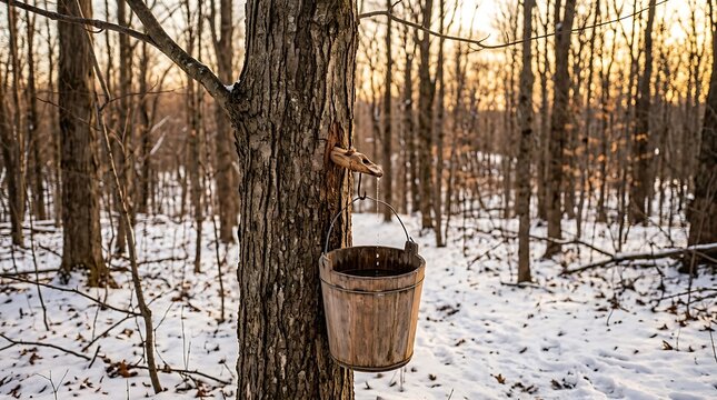 Wooden bucket collecting fresh maple sap in a winter forest