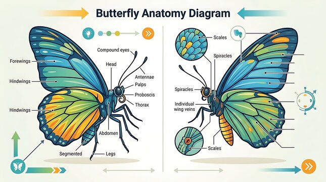 Detailed butterfly anatomy diagram with labeled body parts