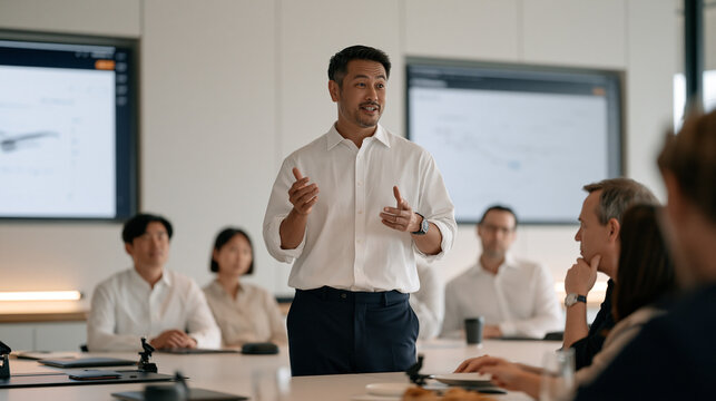 An analytics consultant in a minimalist studio presenting hyperlocal ingredient sourcing data to a crowd of food industry professionals, visual dashboards behind showing farm