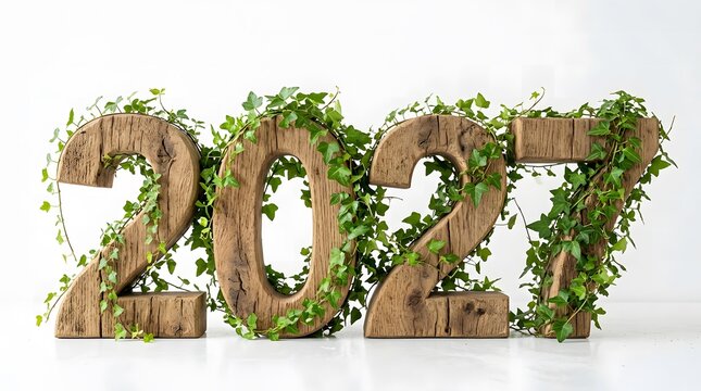 Three dimensional wooden numbers representing the year 2027 covered in lush green ivy leaves isolated on a clean white studio background for design