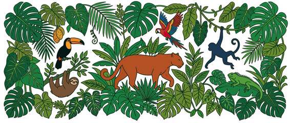 Obraz premium Jungle Scene with Tropical Animals and Lush Foliage