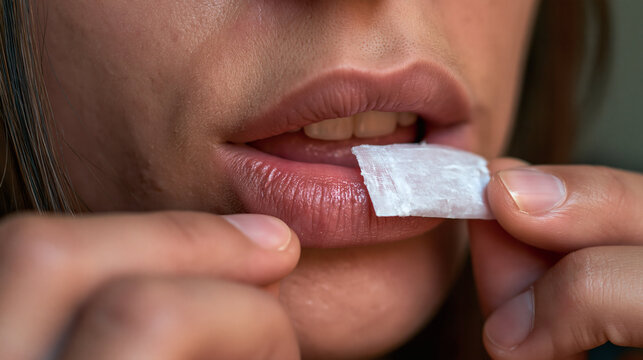 Nicotine Pouch Under Lip: Close-up shot of a person placing a small white nicotine pouch under their lip, highlighting the discreet way this product is used for nicotine delivery.