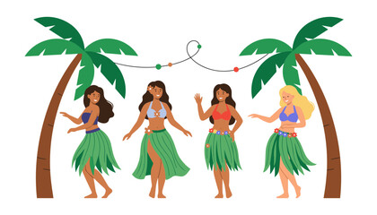 Group of happy diverse women dancing hula at tropical beach party with palm trees in flat vector illustration style © moinul
