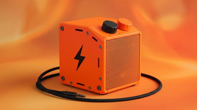 Orange Cube Speaker with Lightning Bolt Logo on Blurred Background