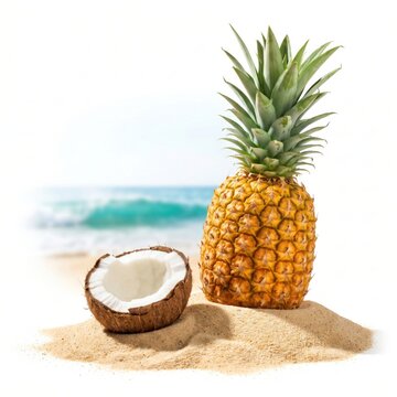 Fresh pineapple and half a coconut on the sandy beach