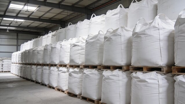 Warehouse workers preparing jumbo-bags of chemical urea fertilizer for shipment, surrounded by extensive fertilizer stockpiles.