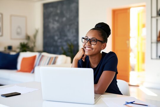 Smiling businesswoman working on laptop from home, managing online business, remote projects and flexible digital work