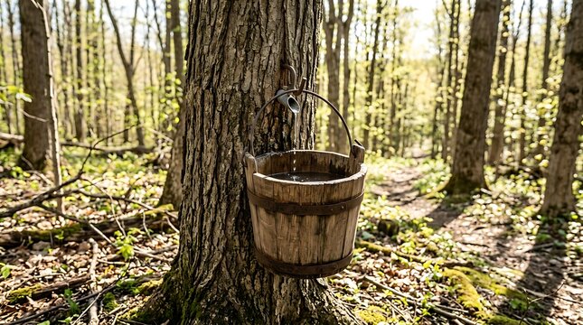 Maple sap dripping into a wooden bucket in a spring forest
