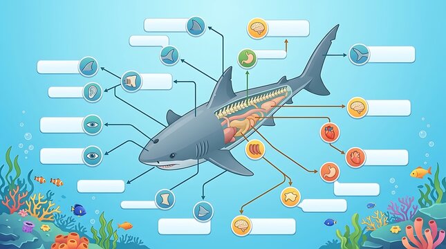 Shark anatomy diagram showing internal organs and external features