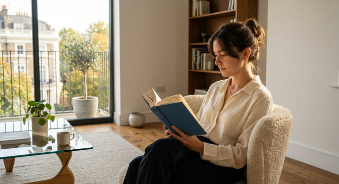 Young woman sitting in a comfortable armchair reading a book at home.