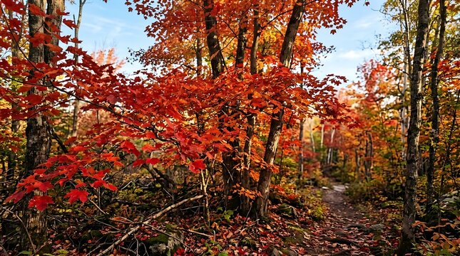 Red maple leaves along a forest hiking trail in autumn