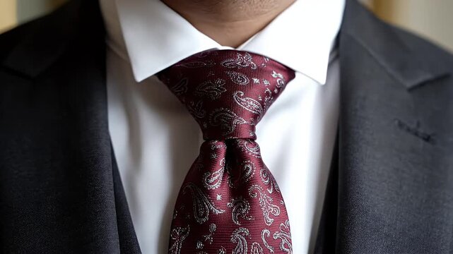 Close-up of a man's chest wearing a dark suit, white shirt, and a patterned burgundy tie, symbolizing formal attire and business.