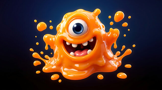 Funny 3D orange slime monster with one eye and a happy face splashing in dark background