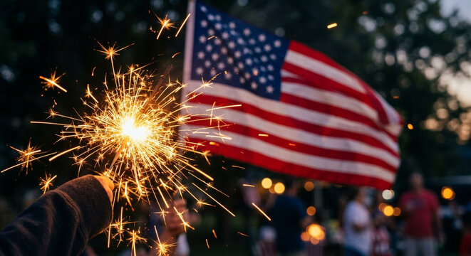 A hand holding a bright sparkler during an American Independence Day celebration with a flag in the background.