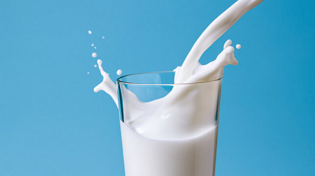 Milk Pouring into Glass: A dynamic shot captures milk cascading into a clear glass, creating a splash and ripples against a vibrant blue background.