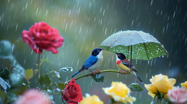 Colorful Birds Sheltering Under Leaf Umbrella in Rainy Rose Garden