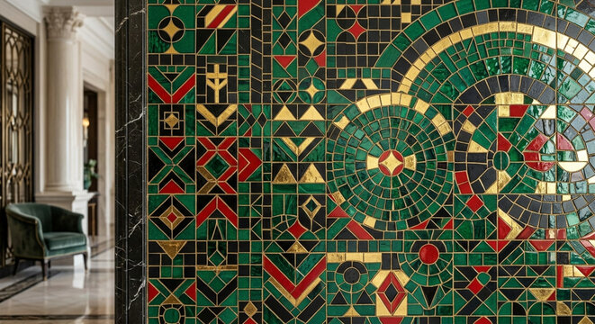 Intricate geometric mosaic wall art in green, gold, and red with abstract patterns. Luxurious interior design, decorative tile.