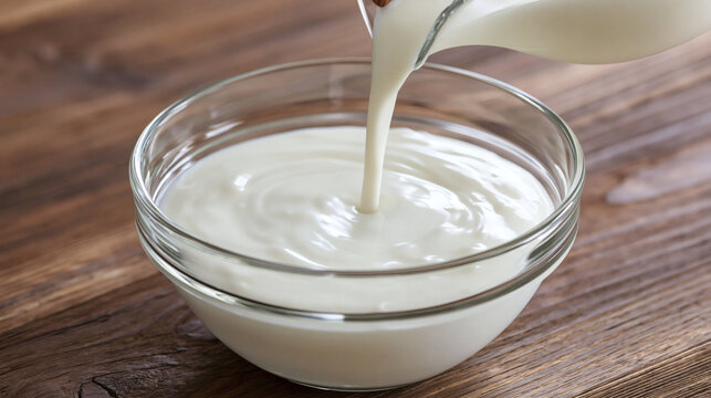 Creamy Delight: A smooth, white cream is being poured from a pitcher into a clear glass bowl, creating a swirl of deliciousness on a warm wooden surface.