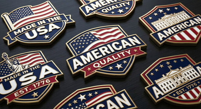Set of American quality emblems and badges with patriotic symbols on a dark background.