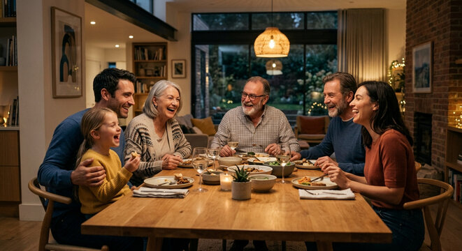 Joyful multi-generational family enjoying a delicious dinner together in a modern home dining room, celebrating togetherness and connection.