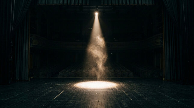 Dramatic single spotlight beam cutting through dusty air on a dark wooden stage in an empty theater auditorium