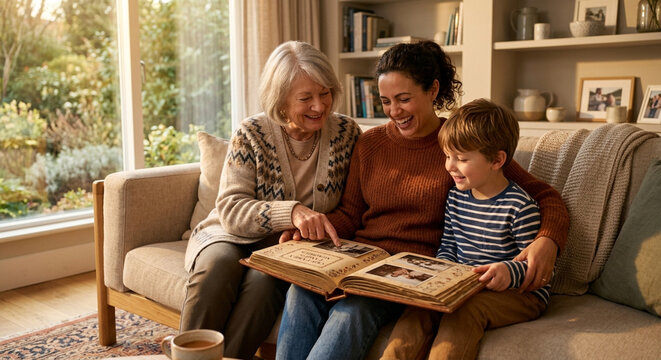 Intergenerational family (grandmother, mother, grandson) sharing happy memories from an old photo album in a cozy home.
