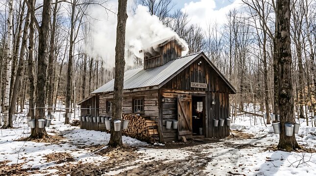 Rustic wooden sugar shack with rising steam in a snowy maple forest