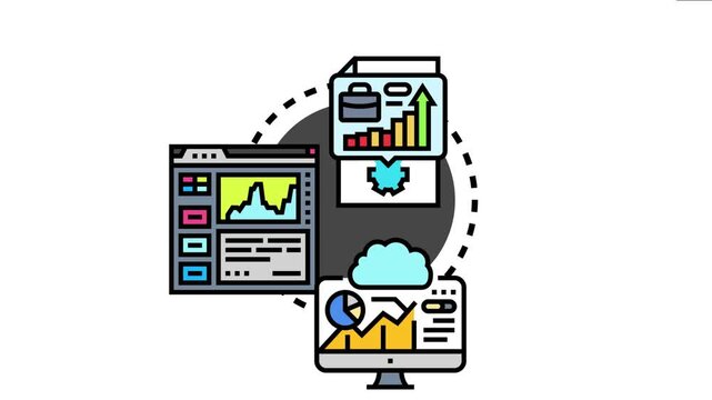 System displaying website interface and desktop computer monitor showing performance charts and cloud storage icon, data analytics and software quality assurance