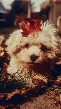 Adorable puppy with autumn leaf on head mobile wallpaper