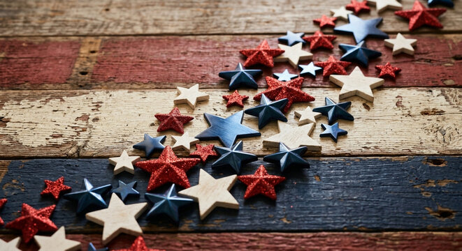 Patriotic rustic red, white, and blue wooden background with scattered decorative stars. Holiday celebration concept.