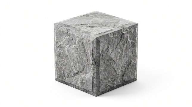 Natural gray stone cube with rough texture, solid granite block on white background, minimalist rock pedestal for product display
