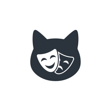 Cat silhouette with comedy and tragedy drama masks