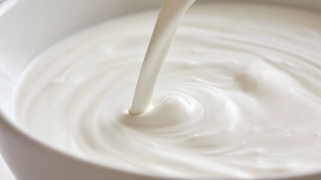 Creamy Swirls: Thick, rich cream is poured into a white bowl, creating mesmerizing swirls and textures. A close-up view of the luxurious dairy product.