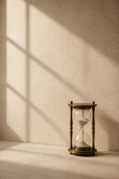 Vintage brass hourglass with white sand in warm window light