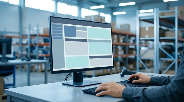 Warehouse worker using a computer to manage inventory and logistics in a distribution center.