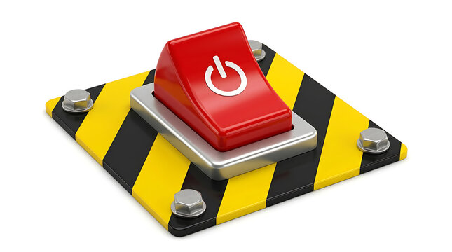Industrial red emergency power switch button on a yellow black hazard striped base platform