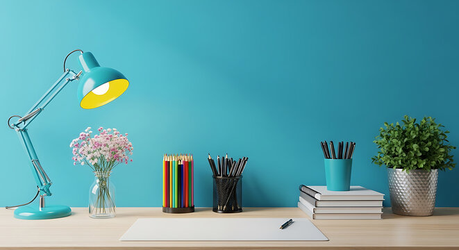 Minimalist home office desk setup with turquoise lamp and potted plant on blue wall background, for creative work, and study space organization