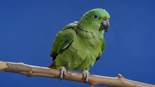 Green parrot perched on a branch against a solid blue screen, slow motion video, vibrant jungle bird, ideal for chroma key compositing and wildlife projects