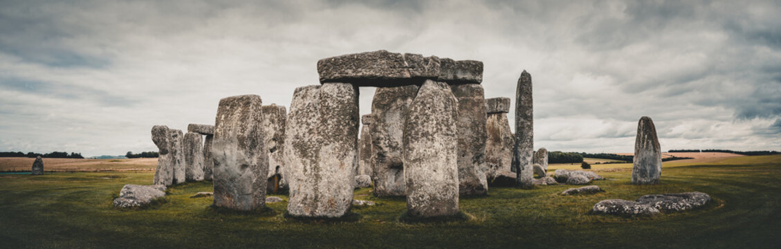 Pano view of Stonehenge Stone Circle Under Dramatic Sky, Amesbury, Wiltshire, England, UK, Europe.