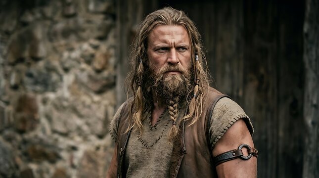 Portrait of a rugged bearded man in traditional leather armor