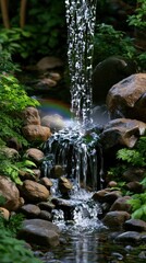 Fototapeta premium A serene waterfall cascades over smooth stones, surrounded by vibrant green foliage and soft mist