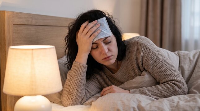Young adult brunette woman resting alone in bed, gently holding her forehead with a pained expression