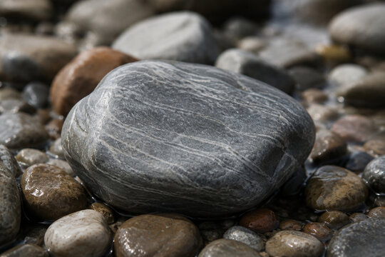 A smooth soapstone rock rests among wet river pebbles.